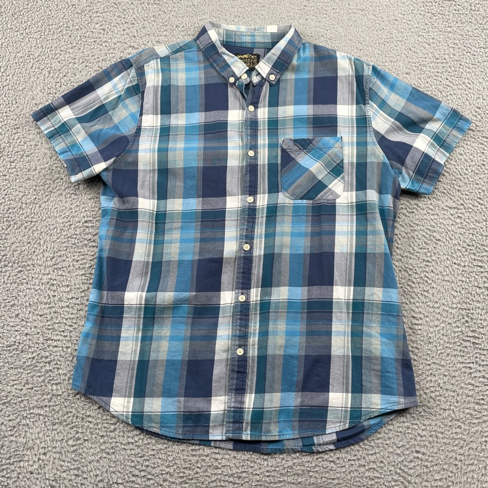United‎ By Blue Button Down Mens Large Blue Plaid Organic Cotton Short Sleeve